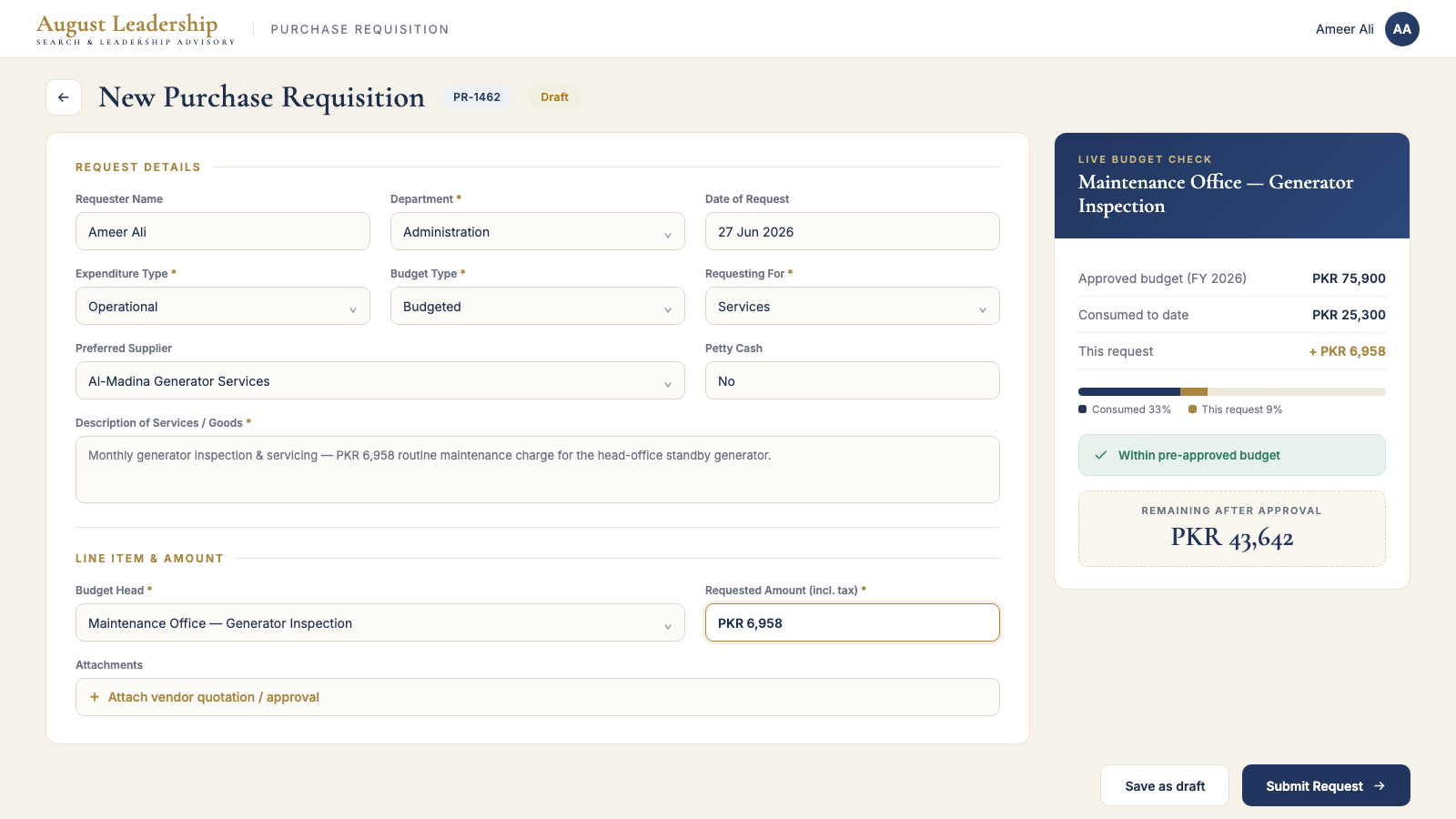 New purchase requisition form with budget panel